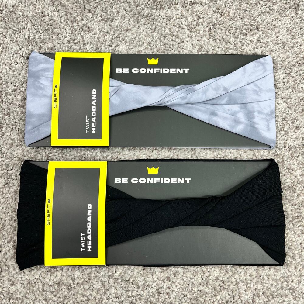 New! 2 SheFit Twist Headbands Black & Grey Marble